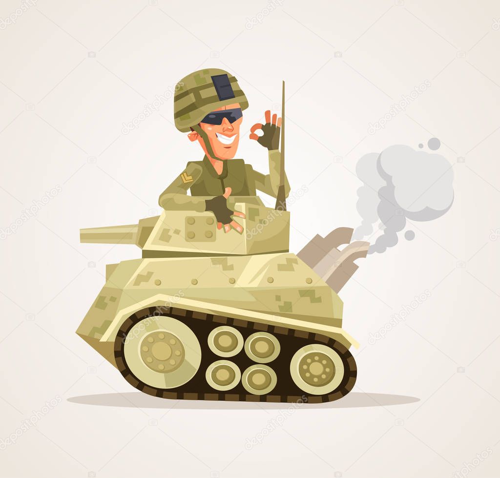 Happy smiling tank man character. Vector flat cartoon illustration