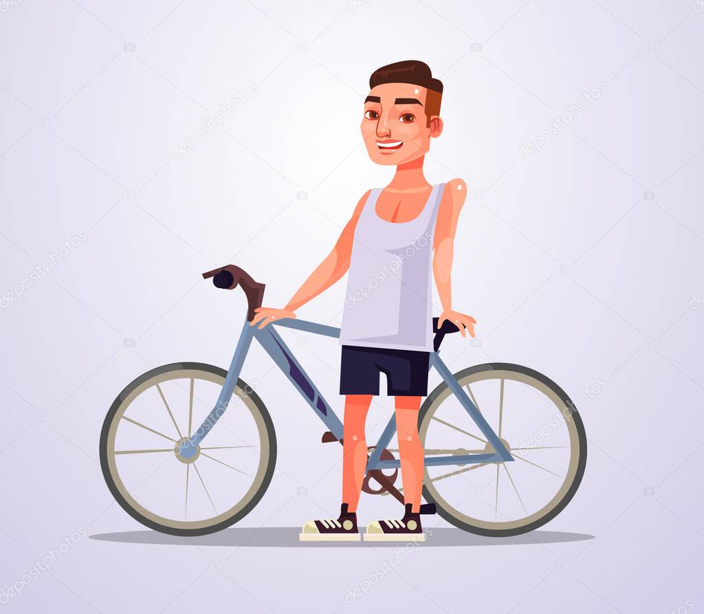 Happy smiling cyclist man character. Vector flat cartoon illustration