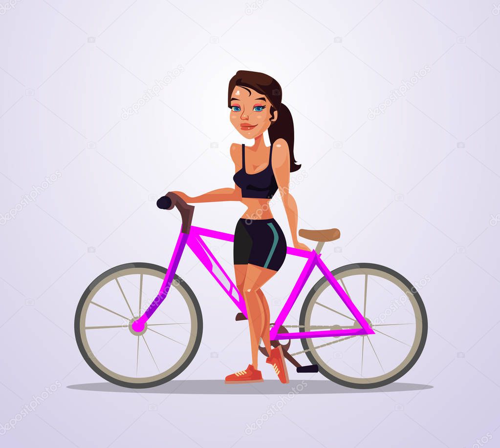 Happy smiling cyclist woman character. Vector flat cartoon illustration