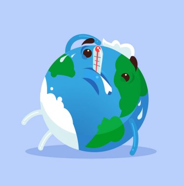 Mutsuz yorgun hasta planet Earth karakter. Küresel ısınma kavramı. Vektör düz çizgi film illüstrasyon