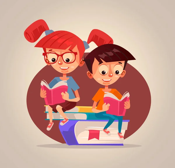 Feliz sorrindo crianças menino e menina personagens lendo livros. Ilustração de desenho animado plano vetorial —  Vetores de Stock