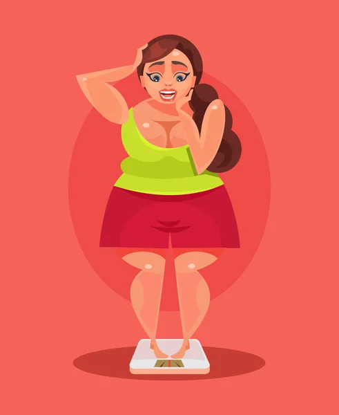 Sad unhappy overweight woman character standing on scale. Vector flat cartoon illustration — Stock Vector