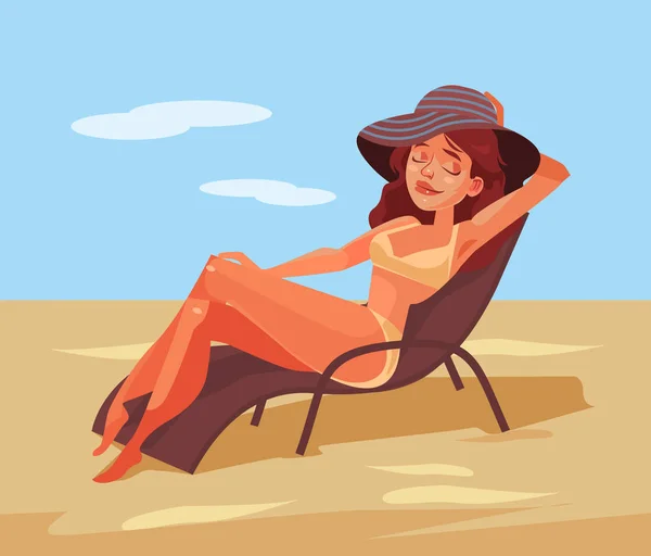 Feliz sorrindo mulher deitada na cadeira e tomando sol. Ilustração de desenho animado plano vetorial — Vetor de Stock