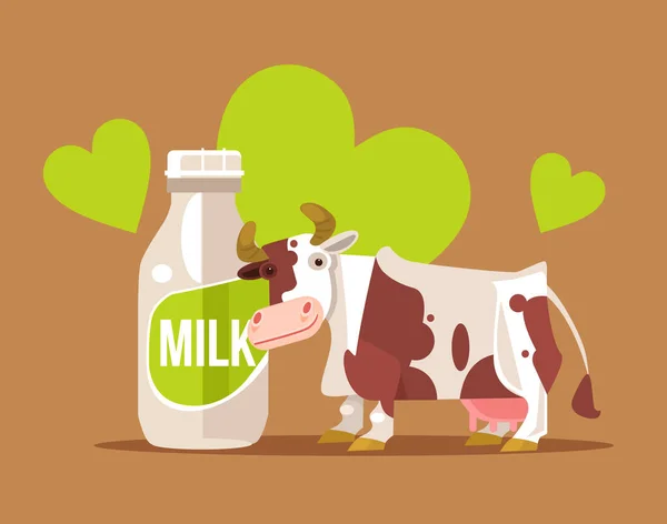 Happy smiling cow character with milk bottle. Vector flat cartoon illustration — Stock Vector