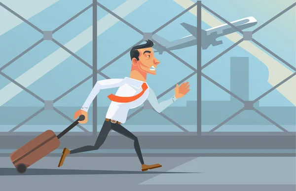 Stressed personagem trabalhador infeliz empresário escritório correndo atrás de avião. Conceito de atraso. Ilustração de desenho animado plano vetorial — Vetor de Stock