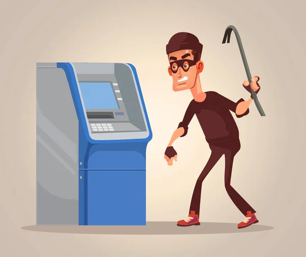 Un ladrón roba dinero de un cajero automático. Vector plano ilustración de dibujos animados — Archivo Imágenes Vectoriales
