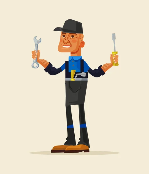 Feliz sorrindo reparador homem personagem segurando ferramenta de trabalho. Ilustração de desenho animado plano vetorial —  Vetores de Stock