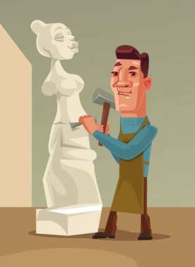 Kadın taş oluşturma mutlu gülümseyen heykeltıraş adam karakter. Vektör düz çizgi film illüstrasyon