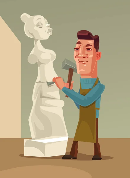 Szczęśliwy uśmiechający się rzeźbiarz man charakter tworzenia kobieta z kamienia. Wektor ilustracja kreskówka płaskie — Wektor stockowy