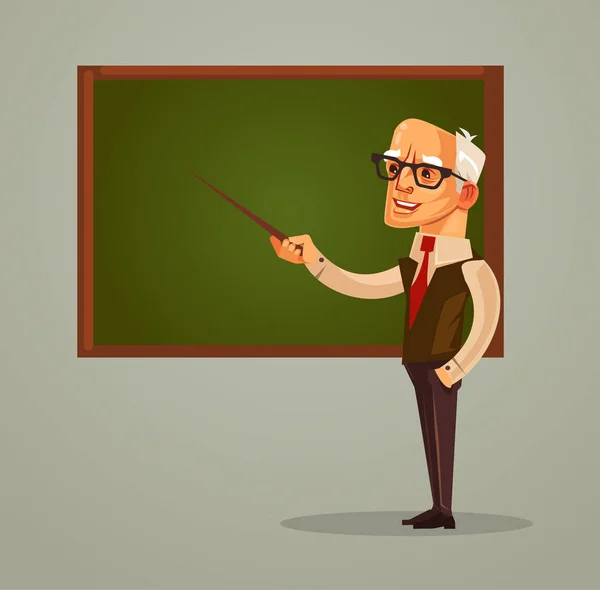 Szczęśliwy uśmiechający się profesor nauczyciel stary człowiek znak wskazujący na tablicy. Wektor ilustracja kreskówka płaskie — Wektor stockowy