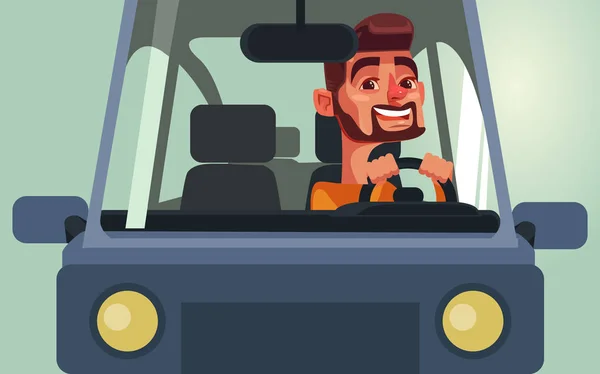 Feliz homem sorridente personagem carro de condução. Ilustração de desenho animado plano vetorial — Vetor de Stock