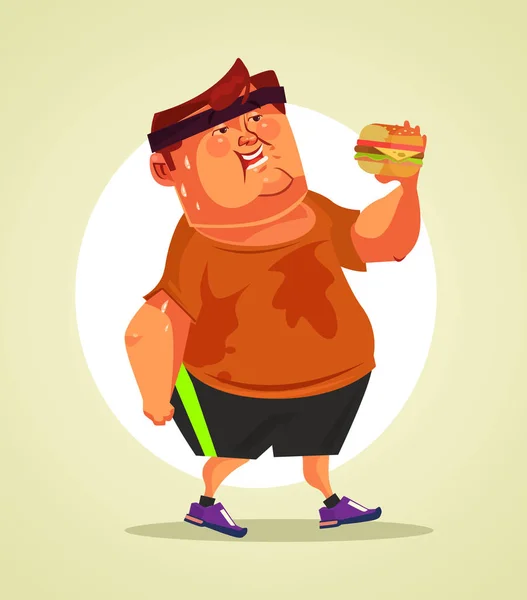 Lyckligt leende fet man karaktär äta burgare efter cardio sportaktivitet. Flat tecknad vektorillustration — Stock vektor
