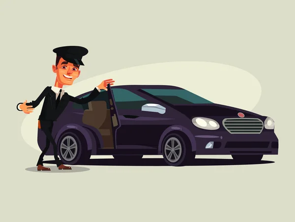 Heureux sourire conducteur homme caractère inviter dans la voiture de taxi classe de luxe premium. Illustration vectorielle de dessin animé plat — Image vectorielle