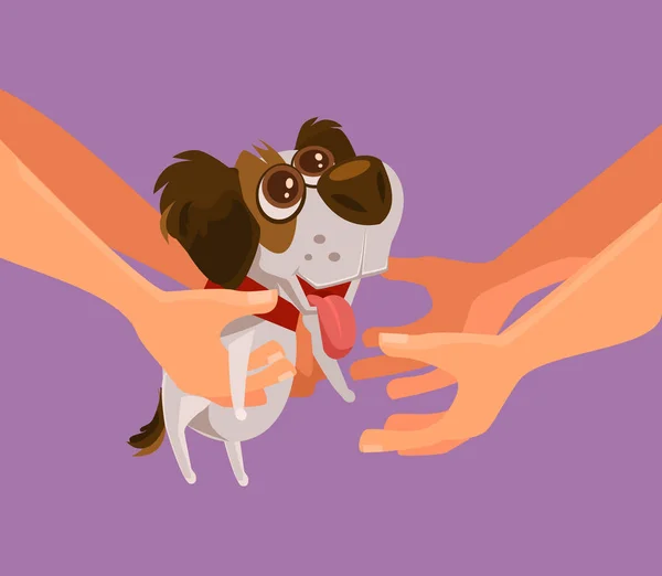 Lyckligt leende valp hund karaktär att ge person som gåva. Flat tecknad vektorillustration — Stock vektor