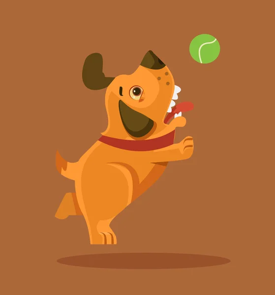 Happy smiling puppy dog character playing with ball. Vector flat cartoon illustration — Stock Vector