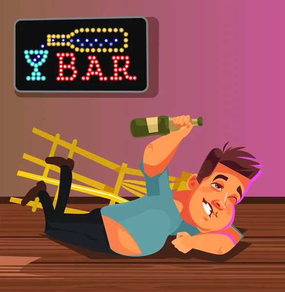 Счастливый пьяный улыбающийся персонаж лежит на полу бара. Забавная идея для вечеринки. Векторная плоская иллюстрация — стоковый вектор