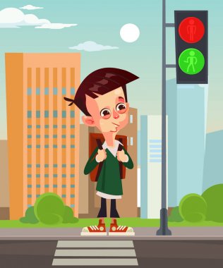 Happy smiling school boy pedestrian character waiting for green traffic light. Vector flat cartoon illustration clipart