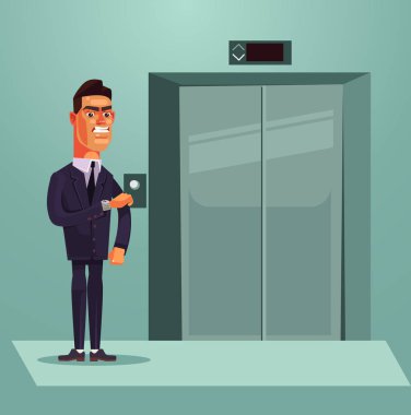Kızgın üzgün gergin office işçi işadamı karakter Asansör için bekliyor. Vektör düz çizgi film illüstrasyon