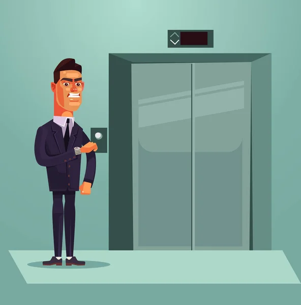 Irritado triste trabalhador de escritório personagem empresário nervoso à espera de elevador. Ilustração de desenho animado plano vetorial — Vetor de Stock