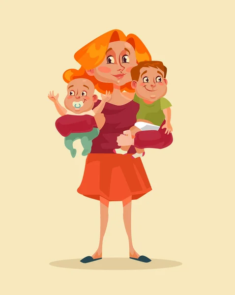 Feliz personaje madre sonriente sosteniendo a dos niños en las manos. Vector plano ilustración de dibujos animados — Vector de stock