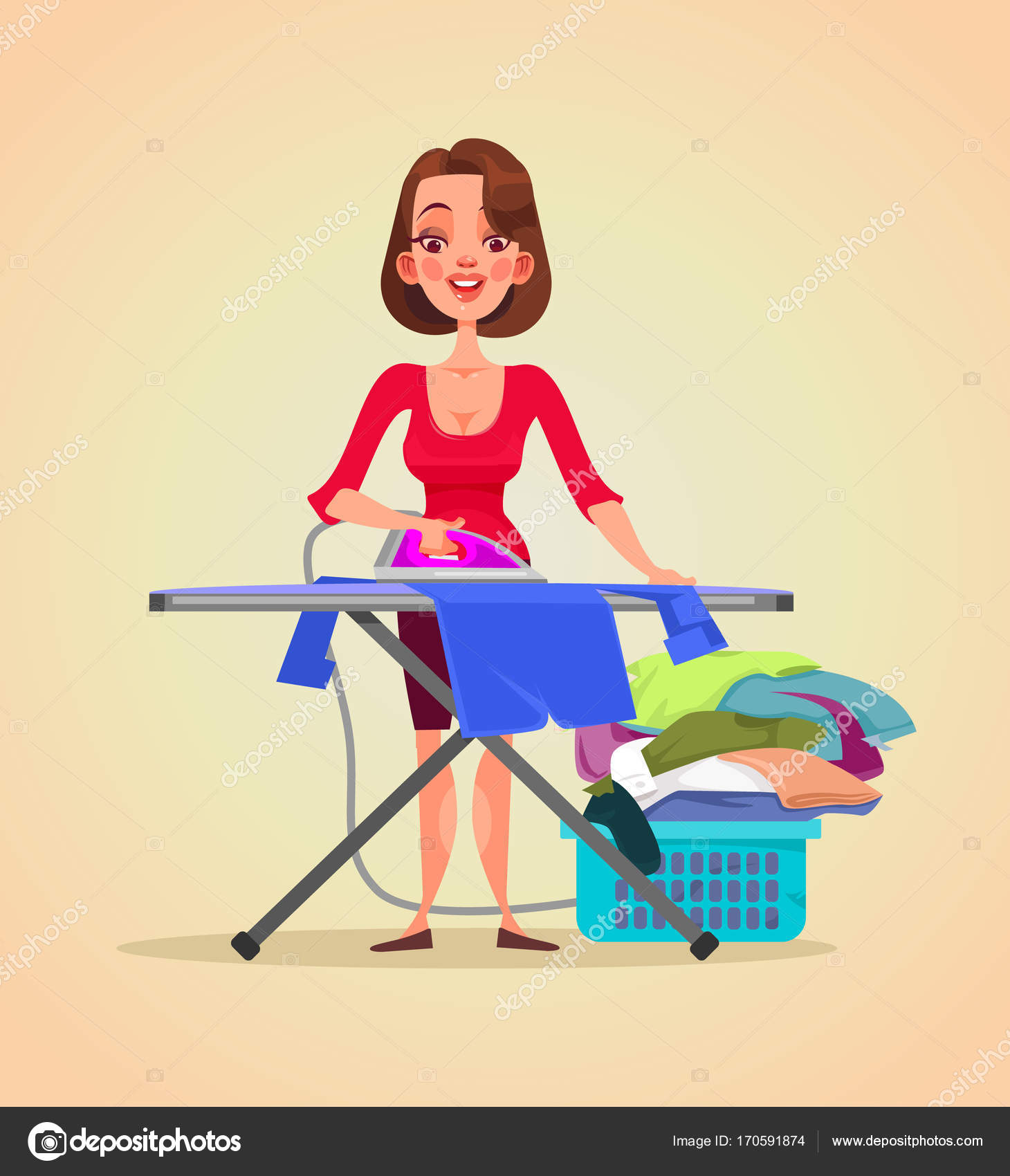 Happy smiling woman housewife character ironing clothes. Vector flat cartoon  illustration Stock Vector Image by ©prettyvectors #170591874