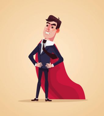 Mutlu gülümseyen başarılı office çalışan işadamı karakter süper kahraman. Vektör düz çizgi film illüstrasyon