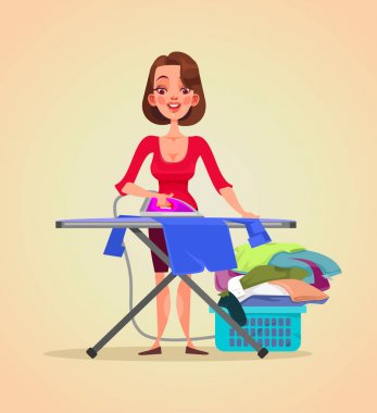 Mutlu ev kadını karakter Ütü işgal kadın gülümsüyor. Vektör düz çizgi film illüstrasyon