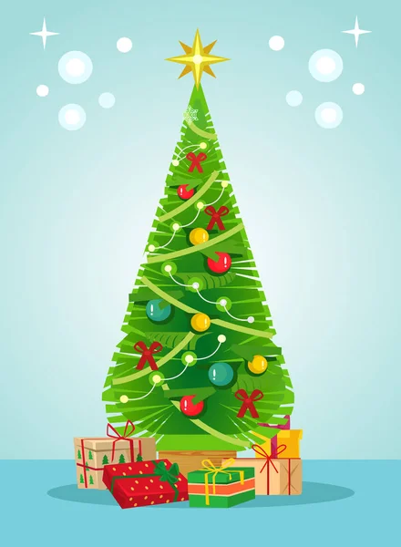 Noel yeşil ağaç çam ve hediye kutuları. Mutlu yeni yıl kavramı. Vektör düz çizgi film illüstrasyon — Stok fotoğraf