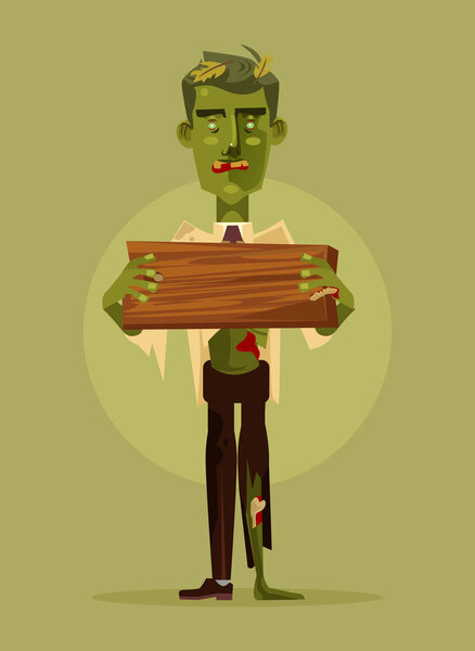 Zombie man character holding wooden sign. Halloween concept. Vector flat cartoon illustration