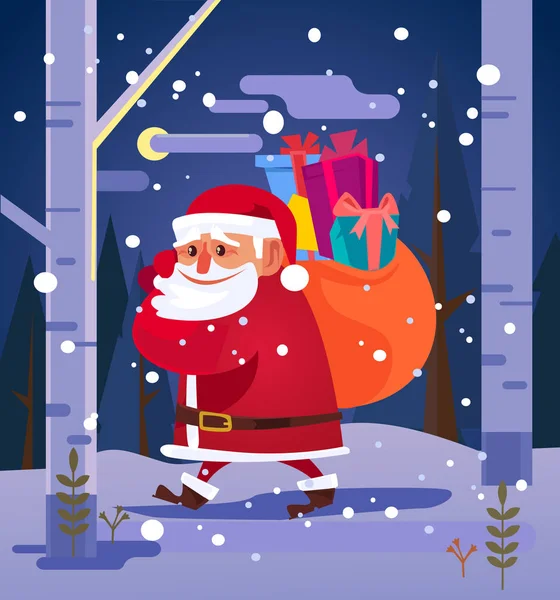 Feliz Santa Claus sonriente caminando en el bosque y llevar bolsa grande con regalos. Cásate con Navidad y feliz año nuevo concepto. Vector plano ilustración de dibujos animados — Archivo Imágenes Vectoriales