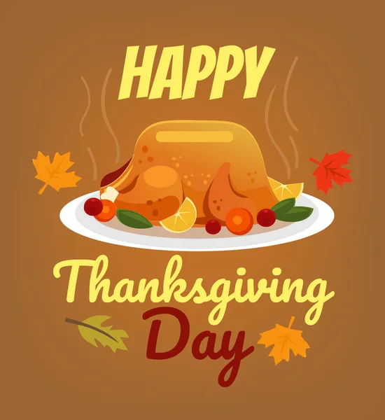 Dinde rôtie avec bannière de légumes. Joyeux Thanksgiving concept Day. Illustration vectorielle de dessin animé plat — Image vectorielle