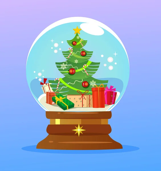 Christmas ball with tree and gift boxes. Happy New Year concept. Vector flat cartoon illustration — Stock Vector