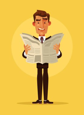 Sürpriz office çalışan adam karakter gazete okur. Vektör düz çizgi film illüstrasyon