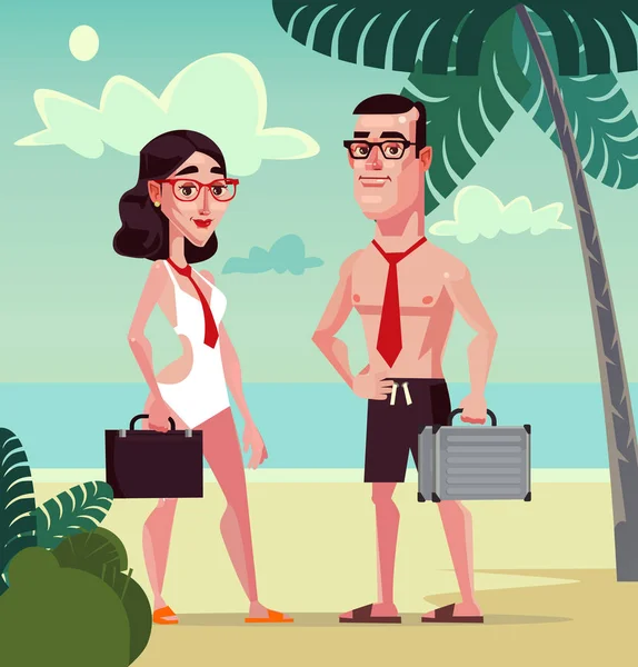 Felices trabajadores de oficina sonrientes hombre y mujer personaje en la playa. Vector plano ilustración de dibujos animados — Vector de stock