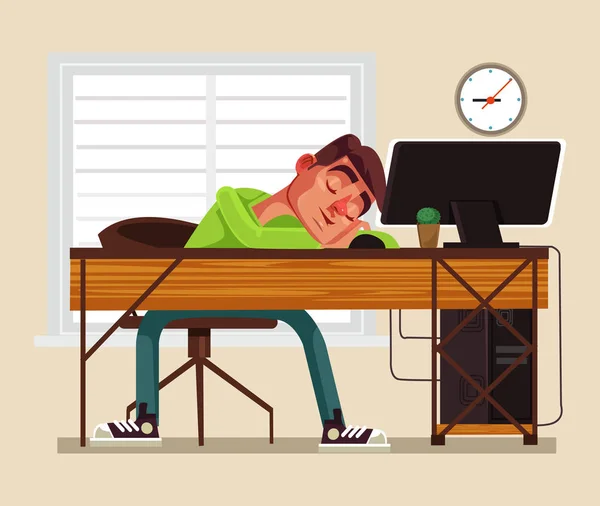 Tired man office worker character sleeping on workplace. Vector flat cartoon illustration — Stock Vector