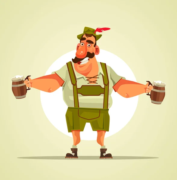 Feliz personaje sonriente del Oktoberfest sosteniendo cerveza taza. Vector plano ilustración de dibujos animados — Vector de stock