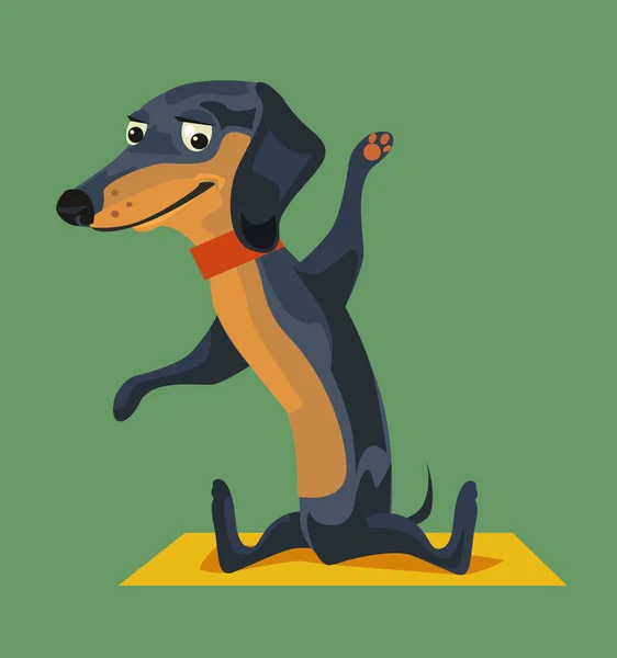 Joyeux personnage souriant de chien faisant du yoga. Illustration vectorielle de dessin animé plat — Image vectorielle