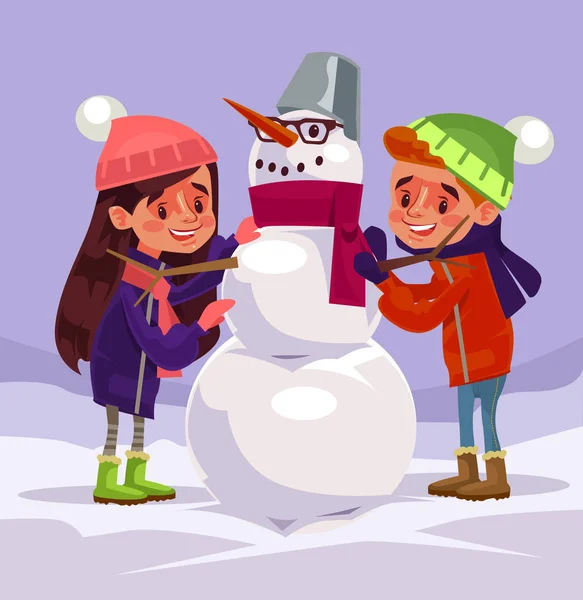 Παιδιά χαρακτήρες κάνει χιονάνθρωπο. Επίπεδη εικονογράφηση διάνυσμα — Διανυσματικό Αρχείο