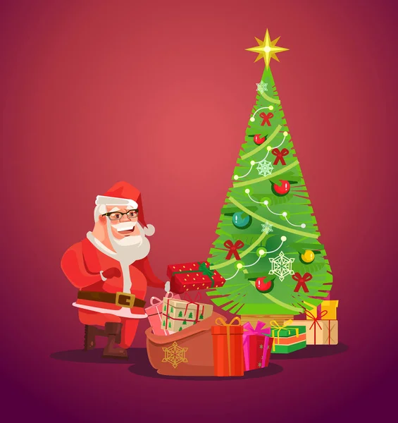 Santa Claus puts presents under Christmas tree. Vector flat illustration — Stock Vector