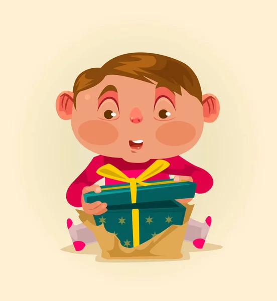 Criança de menino recebe caixa de presente. Ilustração plana vetorial — Vetor de Stock