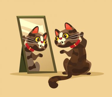 Aynaya bakarak meraklı kedi karakteri şaşırttı. Vektör karikatür çizim