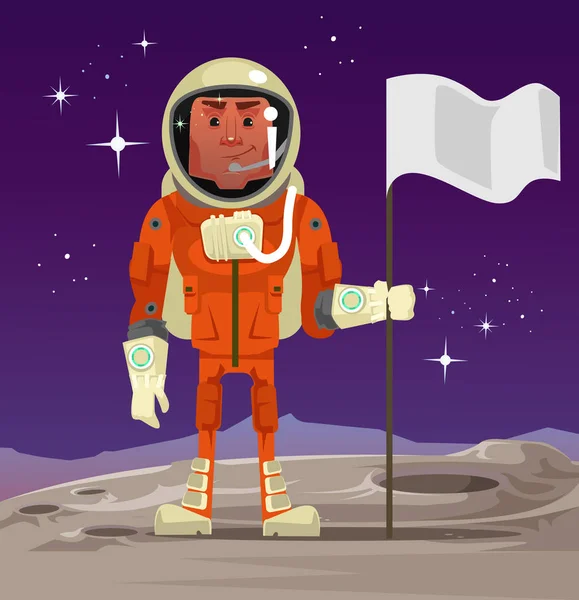 Gezegen üzerinde duran ve bayrak tutan astronot. Vektör karikatür çizim — Stok Vektör