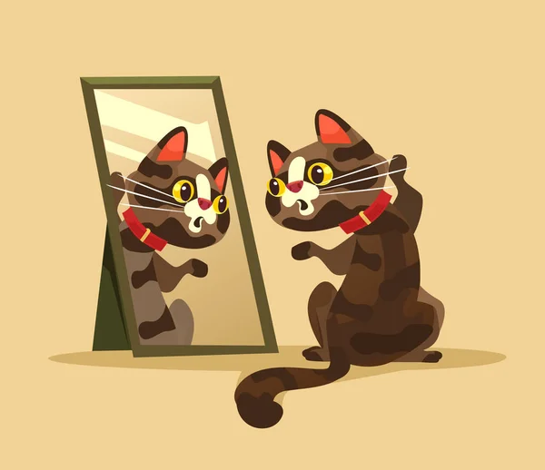 Удивленный любопытный кошачий персонаж, смотрящий в зеркало. Векторная иллюстрация — стоковый вектор