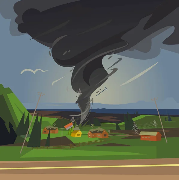 Schrecklicher Tornado wirbelte Häuser um. Vektor Cartoon Illustration — Stockvektor