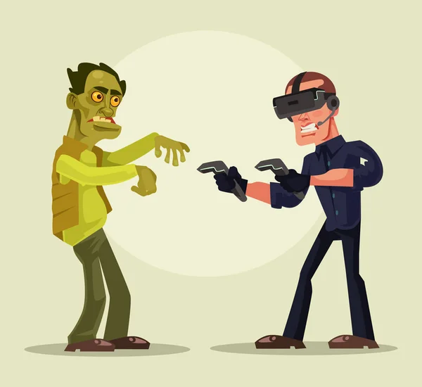 Männerfigur in Virtual-Reality-Brille kämpft mit Zombies. Vektor Cartoon Illustration — Stockvektor