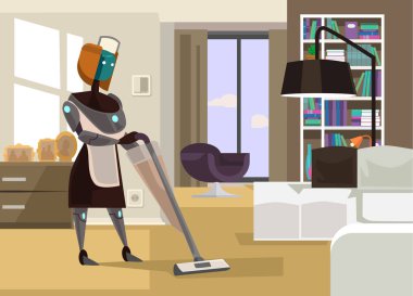 Ev kadını robot temizlik evi. Vektör düz çizgi film illüstrasyon