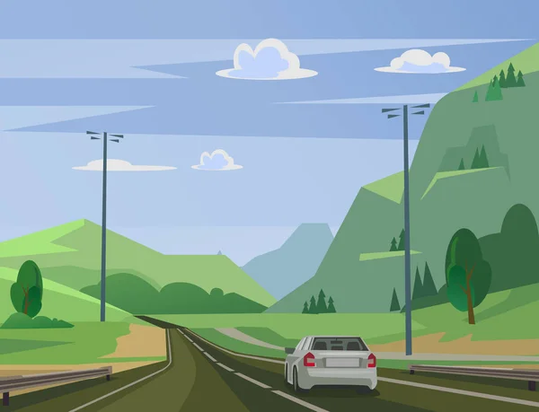 Moviendo Coche Carretera Más Allá Del Bosque Ilustración Plana Del — Vector de stock