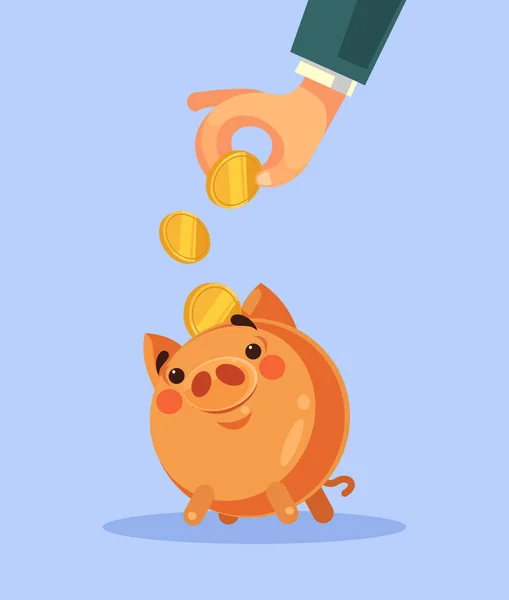 Businessman Hand Put Gold Coin Piggy Bank Vector Flat Cartoon — Stock Vector