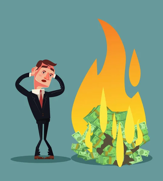 Geld Verbrennen Bankrott Geschäftsmann Charakter Vektor Flache Cartoon Illustration — Stockvektor