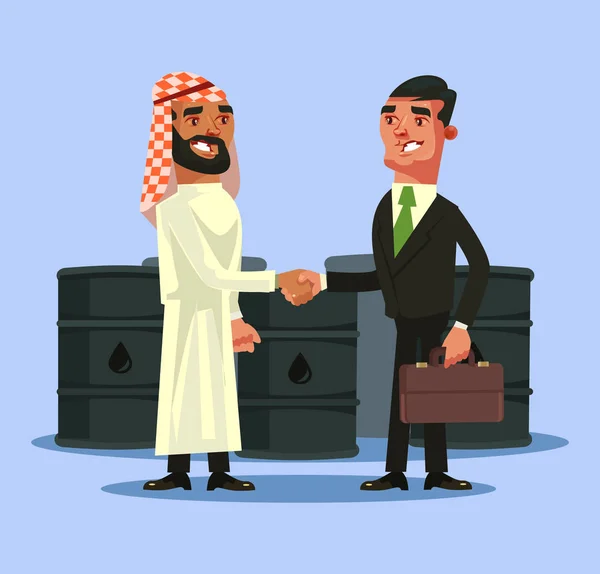 Arabian European Businessman Deal Contract Shaking Hands Oil Black Gold — Stock Vector